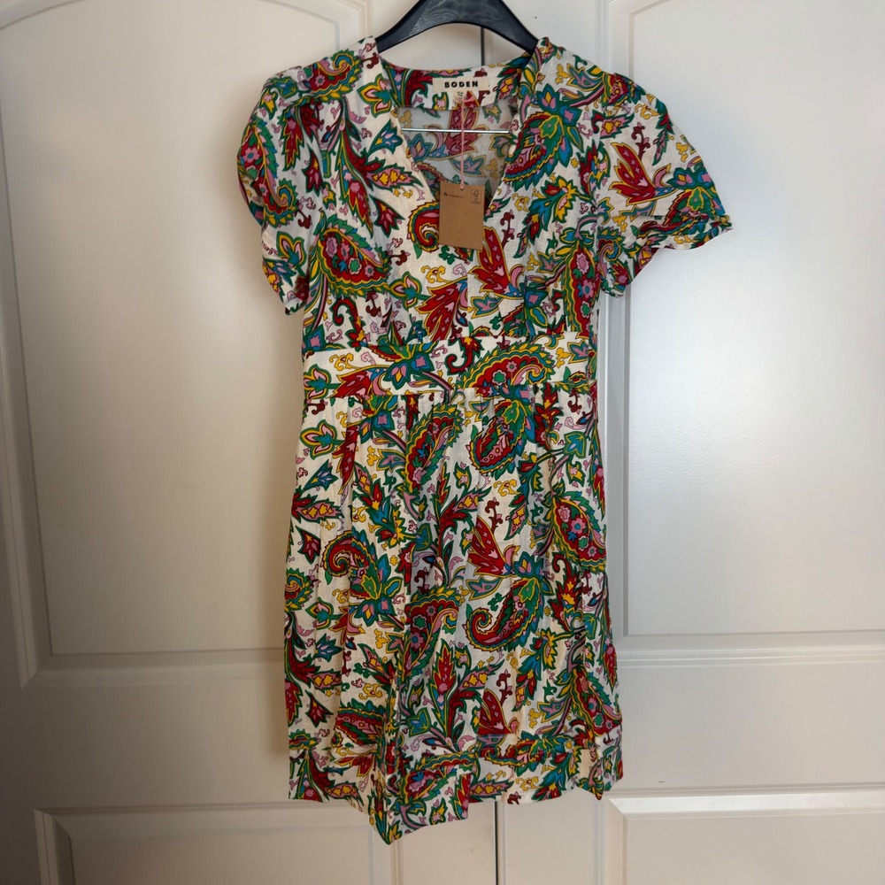 Boden Paisley Linen Blend Mini Dress V-Neck Puff Sleeve Multicolor US 8P NEW